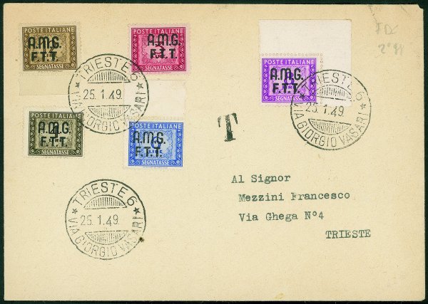 Trieste  - Trieste AMG FTT - Tredici valori della serie Segnatasse (5 + 7/14) alcuni ripetuti su tre buste viaggiate anche con annulli primo giorno - Trieste 25.1.49 + 15.4.49 e 16.4.49