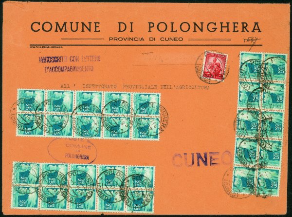 Repubblica - Ruota - Busta per manoscritti affrancata con tre blocchi di dieci del 25 cent Democratica (545) + 10 lire arancio Democratica (559) da Polonghera a Cuneo del 4.10.48