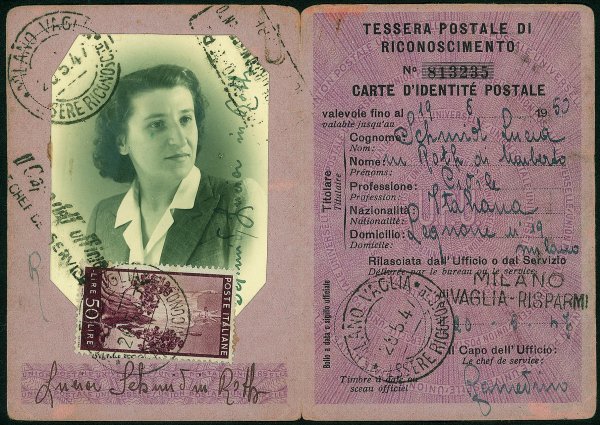 Repubblica - Ruota - Democratica 50 lire (564) isolato su tessera postale di riconoscimento - Milano 20.5.47