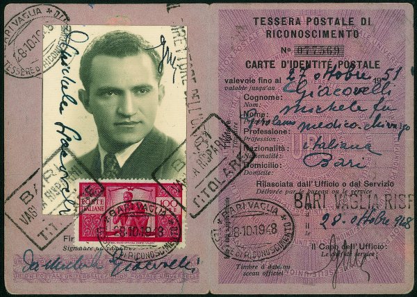 Repubblica - Ruota - Democratica 100 lire (565) isolato su tessera postale di riconoscimento - Bari 28.10.48