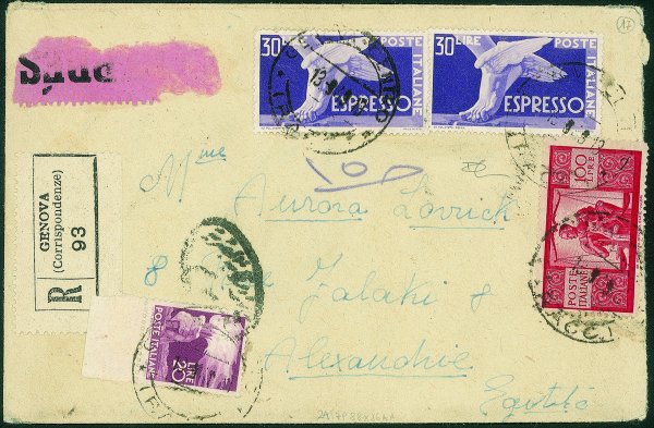 Repubblica - Ruota - Raccomandata espresso affrancata con 100 lire + 20 lire Democratica (561 + 565/I) + due 30 lire Espressi (29) da Genova a Alessandria (Egitto) del 13.8.49