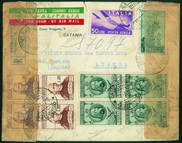 Repubblica - Ruota - Aerogramma raccomandato da Catania a Luanda (Angola) del 15.7.1950