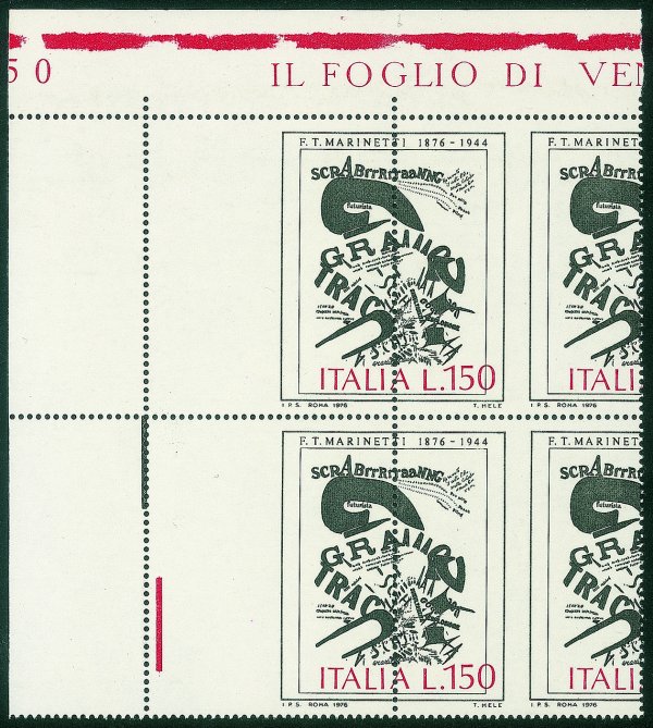 Repubblica - Dopo il 1970 - 1976 - 150 lire Marinetti (1338 varietà) - quartina angolare