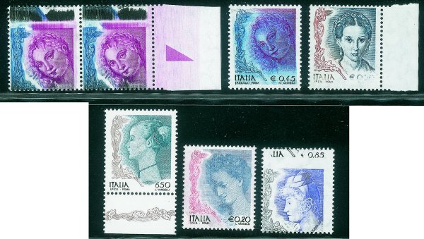 Repubblica - Dopo il 1970 - 2003/2004 - Insieme di 5 esemplari e una coppia di valori misti con spostamenti di dentellatura e varietà di stampa