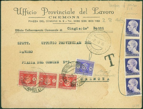 Repubblica - Dopo il 1970 - Busta tassata doppio porto - tre 1 lira + 5 lire Segnatasse (42 + 44) su busta affrancata con quattro 1 lira Imperiale (252A) fuori corso - Cremona 2.8.46 - Caffaz