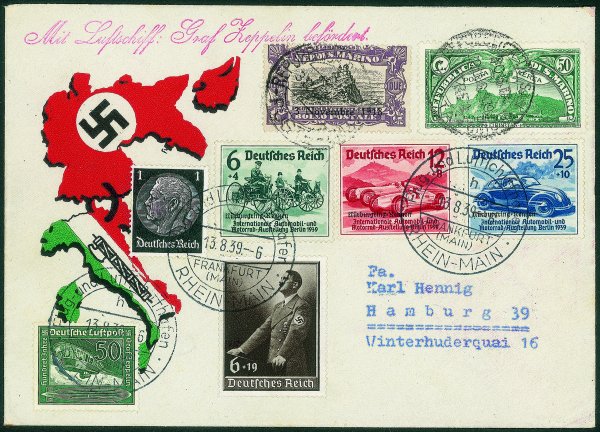 San Marino - Volo ad Eger 13.8.39 (Longhi 966) - affrancatura mista San Marino/Germania