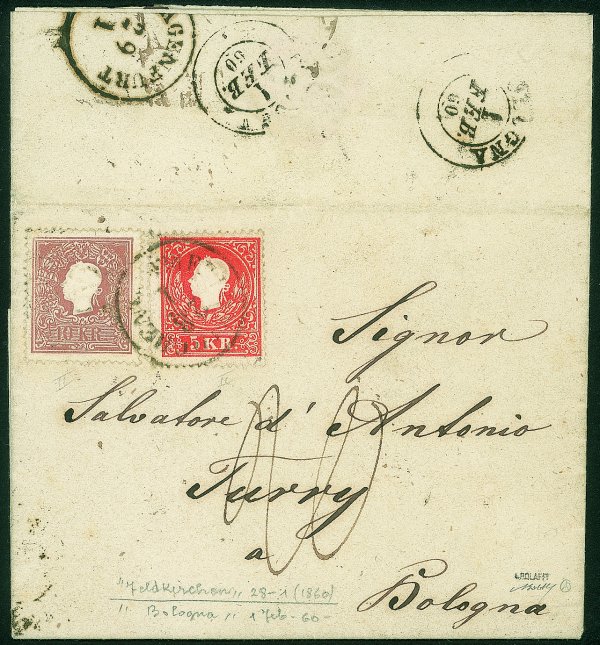 Estero - Austria - 5 kreuzer + 10 kreuzer (13 II + 14 II) su lettera da Feldkirchen a Bologna del 28.1.60 e giunta il 1 febbraio 1860 (giorno dell'introduzione dei francobolli Sardi nella Romagne) che venne tassata per 20 cent