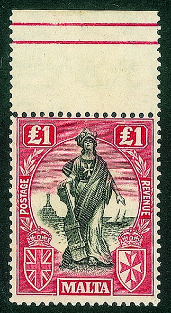 Estero - Malta - 1922/1925 - 1 sterlina Allegoria (101) con bordo di foglio in alto - nuovo con gomma originale integra (linguella sul bordo)