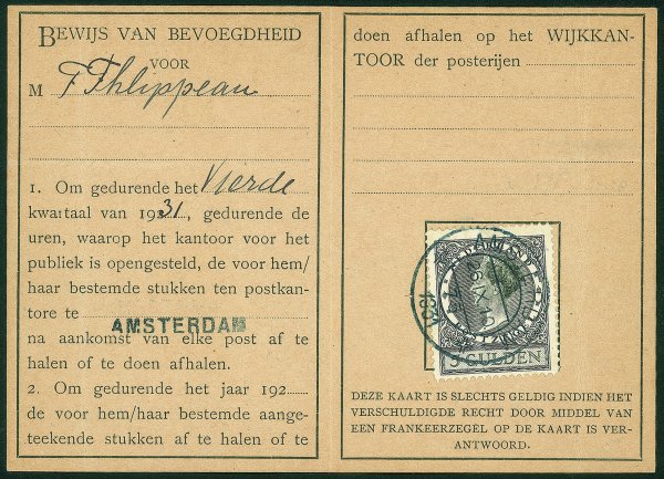 Estero - Olanda - Tessera postale affrancata con 5 gulden Regina Guglielmina (170) - Amsterdam 26.9.30