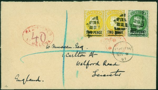 Estero - Sant'Elena - Raccomandata affrancata con un 1/2 penny + coppia del 2 pence (36 + 39) da St. Helena a Leicester (Inghilterra) del 9.3.97