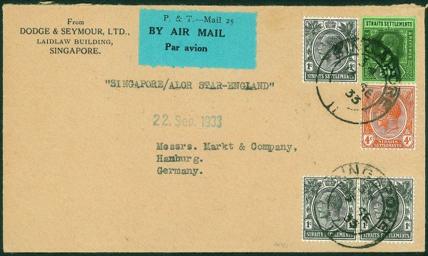 Estero - Singapore - Aerogramma affrancato per 57 cent da Singapore a Amburgo (Germania) del 13.9.33