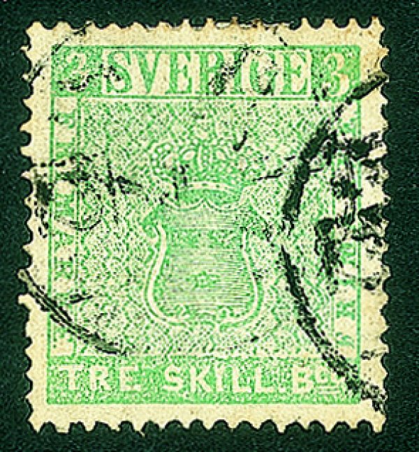 Estero - Svezia - 1855 - 3 skilling verde Stemma (1) - usato - molto bello e raro - Oliva