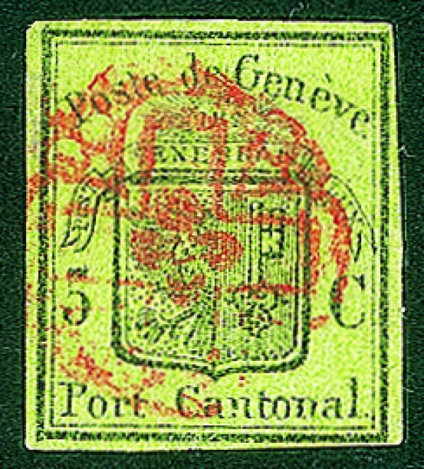 Estero - Svizzera - 1848 - Cantonale - 5 cent nero e verde di Ginevra (3a) stampato su carta verde