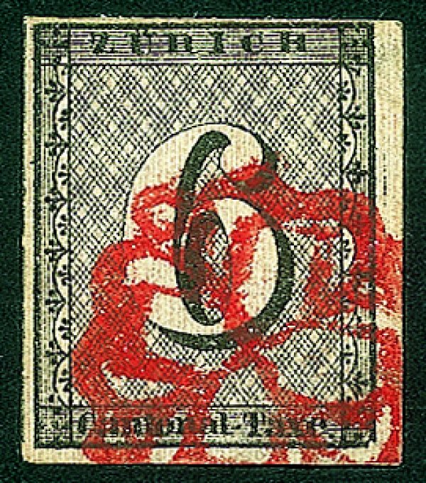 Estero - Svizzera - 1843 - Cantonale - 6 rappen nero di Zurigo (10a) con fondo a linee verticali