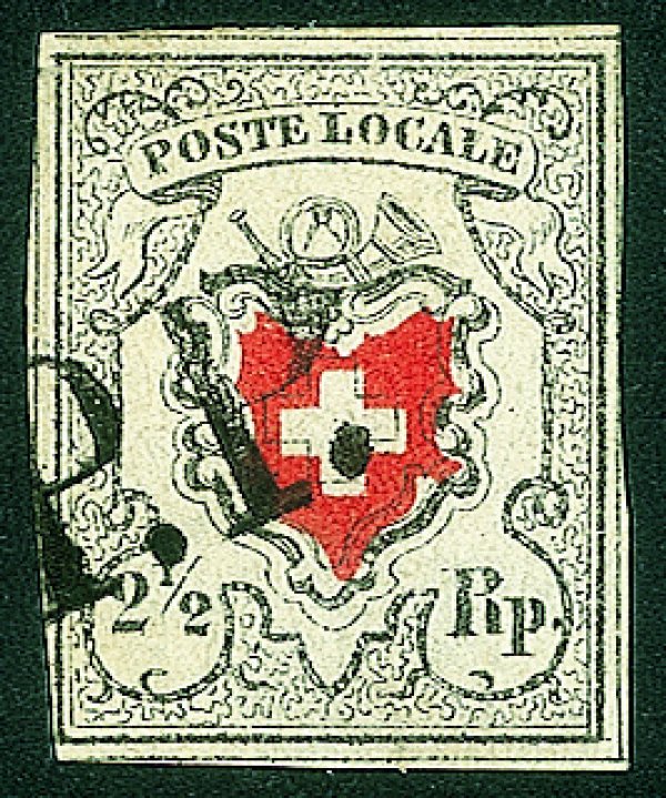 Estero - Svizzera - 1850 - 2 1/2 rappen Poste Locale (16) con croce inquadrata da filetto nero