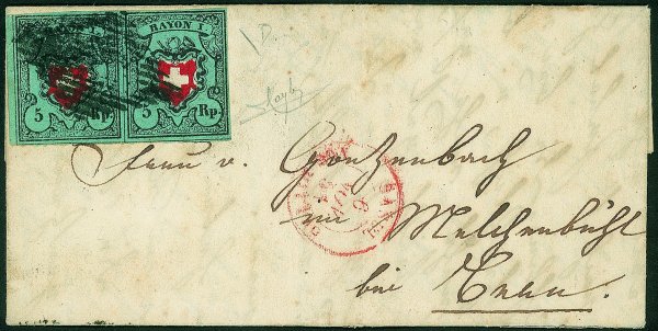 Estero - Svizzera - Bella coppia del 5 rappen (Michel 7 II) su lettera da Basilea a Waldshut in Baden del 6.11.53 - E. Diena + cert. Raybaudi