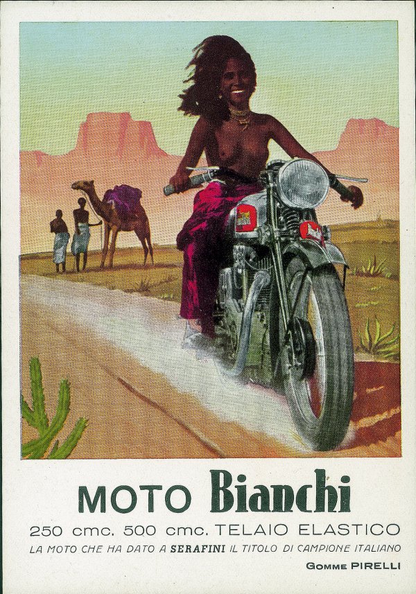 Cartoline - Pubblicitarie - Moto Bianchi - negressa in topless - illustratore Boccasile