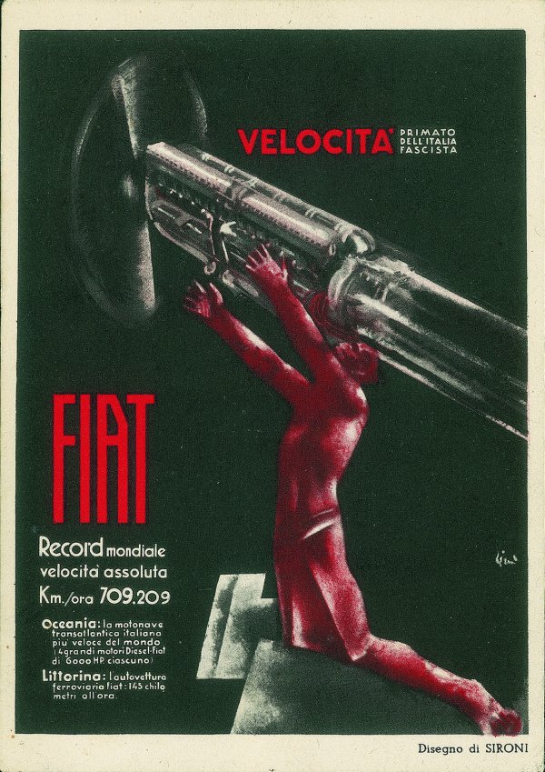 Cartoline - Pubblicitarie - Fiat - record velocità assoluta - illustratore Sironi - striscia di 5 del 2 cent (242A) - Milano Fiera 26.4.36
