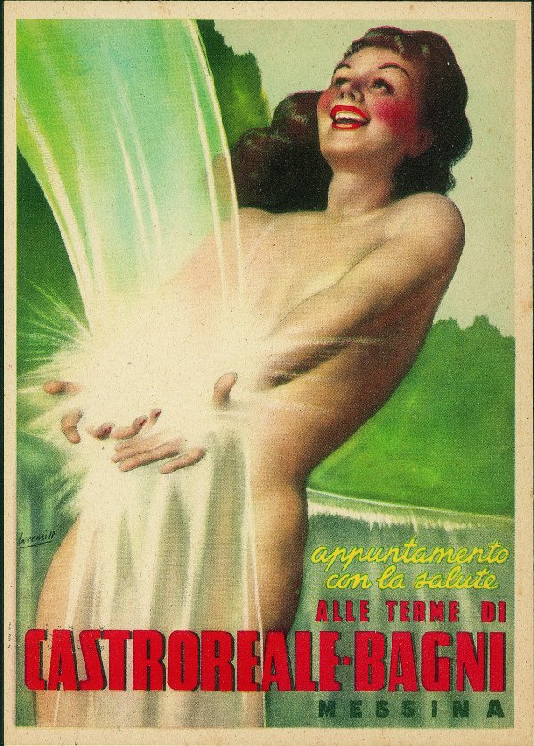 Cartoline - Pubblicitarie - Terme Castroreale Bagni - donna sotto getto d'acqua - illustratore Boccasile