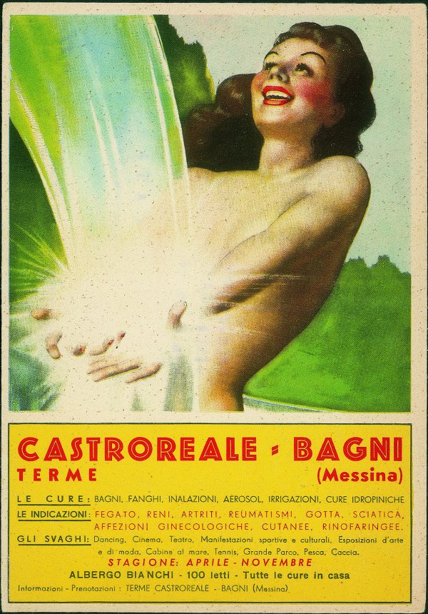 Cartoline - Pubblicitarie - Terme Castroreale Bagni - donna sotto getto d'acqua con riquadro informativo - illustratore Boccasile