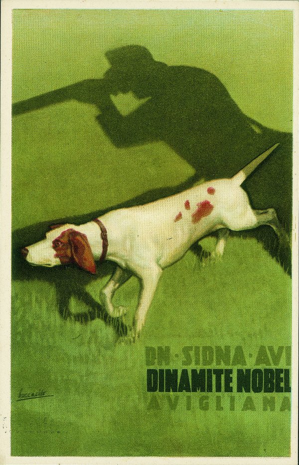 Cartoline - Pubblicitarie - Dinamite Nobel - cane in punta - illustratore Boccasile