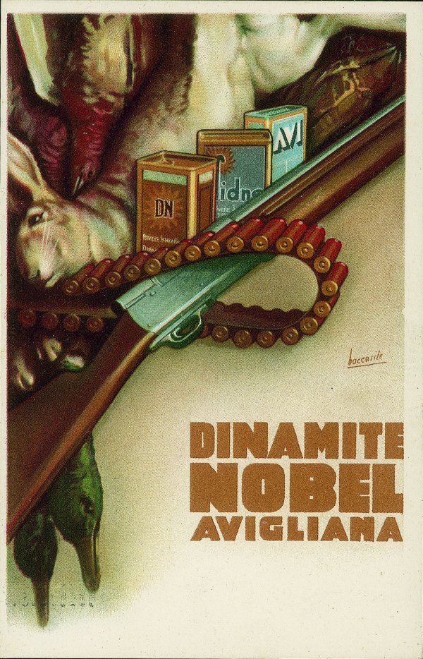Cartoline - Pubblicitarie - Dinamite Nobel - fucile e cinturone - illustratore Boccasile
