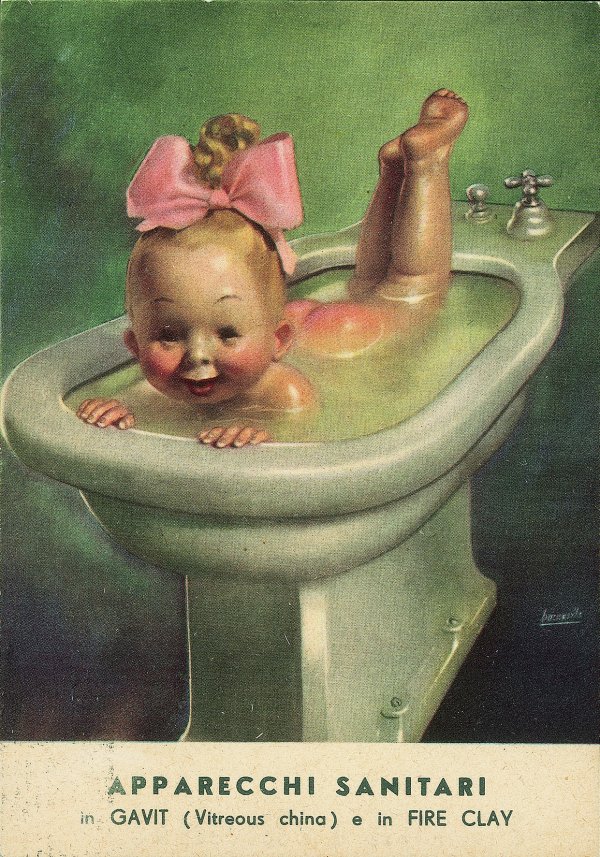 Cartoline - Pubblicitarie - Pozzi ceramica apparecchi sanitari - illustratore Boccasile