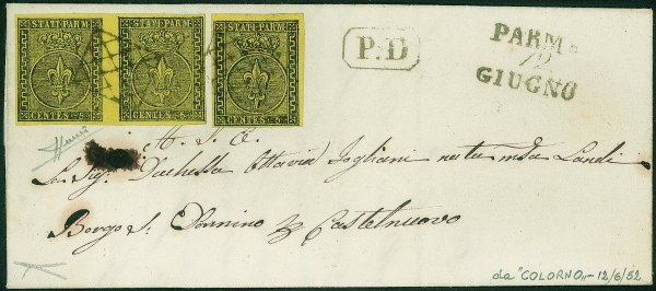 Antichi Stati Italiani - Parma - Lettera da Parma per Borgo San Donnino 12 giugno 1852 con 5 cent. (Sass. 1)