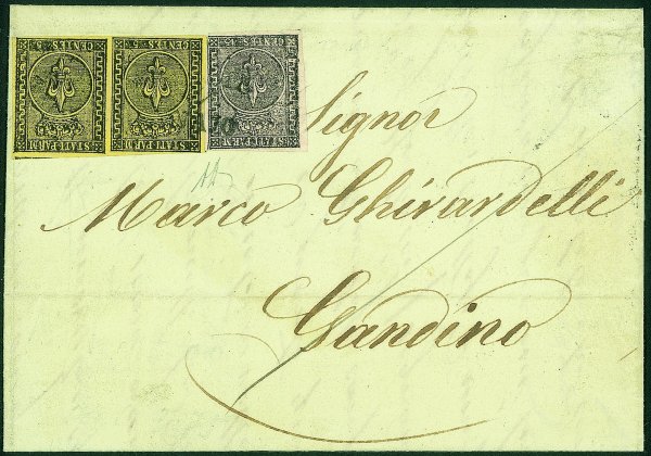 Antichi Stati Italiani - Parma - Bicolore composta da coppia del 5 cent giallo + un 15 cent (1 + 3) - busta da Parma per Gandino del 11.1.53 - A. Diena