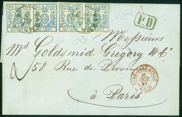 Antichi Stati Italiani - Parma - Lettera di doppio porto da Parma a Parigi il 18 ottobre 1858 affrancata per 160 cent.