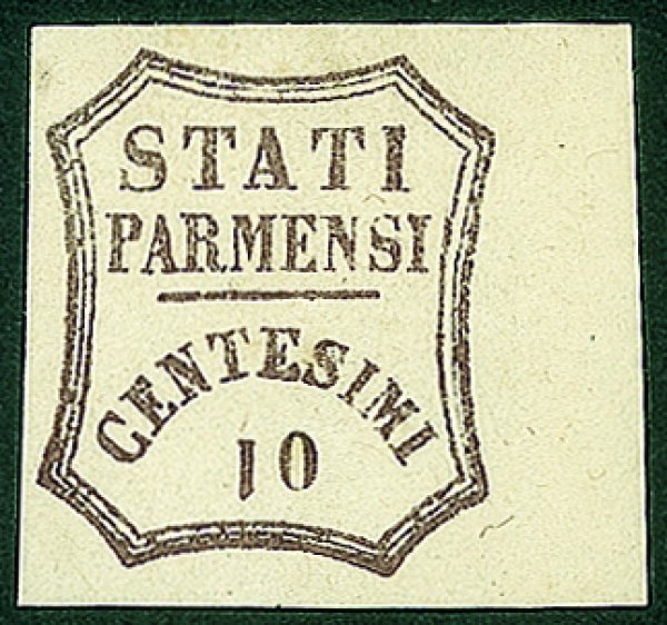 Antichi Stati Italiani - Parma - Governo Provvisorio - 1859 - Bell'esemplare bordo di foglio del 10 cent bruno (14b) con 1 capovolto