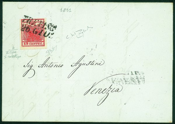 Antichi Stati Italiani - Lombardo Veneto - Lettera con 15 cent II tipo (4 - I sottotipo) da Treviso a Venezia del 26.6.51