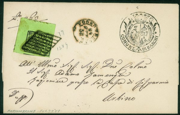 Antichi Stati Italiani - Stato pontificio - Bell'esemplare del 2 baj (3) angolo di foglio su lettera da Fossombrone a Urbino del 29.10.58