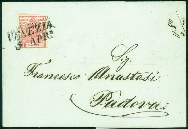 Antichi Stati Italiani - Lombardo Veneto - 15 cent rosso vermiglio II tipo (4e) con spazio tipografico - lettera da Venezia a Padova del 5.4.53