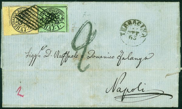 Antichi Stati Italiani - Stato pontificio - Lettera con 1 baj + 4 baj bordo di foglio a sinistra (2 + 5A) da Terracina a Napoli del 26.10.63