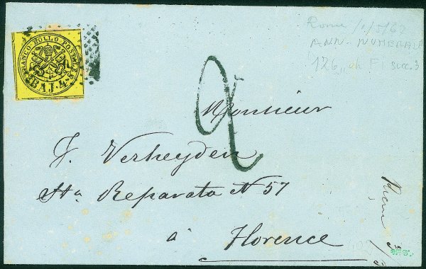 Antichi Stati Italiani - Stato pontificio - Lettera con 4 baj (5A) da Roma annullato in arrivo a Firenze del 1.5.67