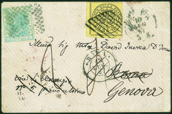 Antichi Stati Italiani - Stato pontificio - Mista Pontificio Regno con 4 bai (5A) + 20 cent Regno (26) applicato in partenza mai annullato in transito da Roma a Genova del 13.7.67