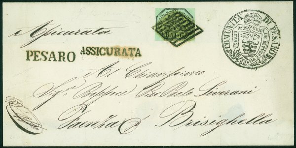 Antichi Stati Italiani - Stato pontificio - Fascetta assicurata con 6 baj (7) da Pesaro a Brisighella del 7.9.58 (griglia + lineare)
