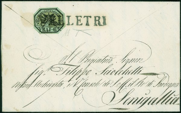 Antichi Stati Italiani - Stato Pontificio - Da Velletri a Senigallia il 16 dicembre 1852 con 6 baj con taglio esagonale (Sass. 7)