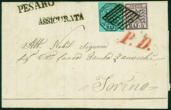 Antichi Stati Italiani - Stato pontificio - Interessante e rara raccomandata dalle Romagne Pontificie affrancata con due 5 baj (uno al retro) + 7 baj (6 + 8) da Pesaro (griglia + lineare) a Torino del 19.3.59