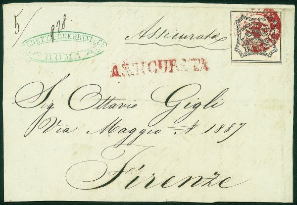 Antichi Stati Italiani - Stato pontificio - Frontespizio di assicurata con 8 baj (9) con bei filetti da Roma a Firenze - doppio cerchio rosso + lineare rosso (P.ti R2)