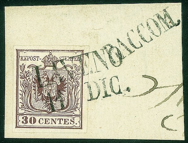 Antichi Stati Italiani - Lombardo Veneto - Laveno 11 Dic. (5D - P.ti 8) - Frammento con 30 cent I tiratura (7a) con grandi margini - a lato Raccom. (P.ti 7)