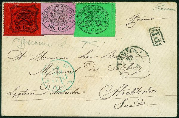 Antichi Stati Italiani - Stato pontificio - Bella bustina con affrancatura tricolore mista II + III composta da 80 cent rosa lillaceo (20) + 5 cent azzurro verdastro + 10 cent arancio vermiglio (25b + 26) da Roma a Stoccolma (Svezia) via Francia del 28.12
