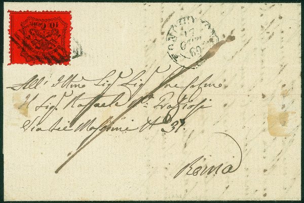 Antichi Stati Italiani - Stato pontificio - Parte di lettera con 10 cent (26) da Viano a Roma del 17.10.69 con annullo a griglia di Ronciglione 
Molto bella