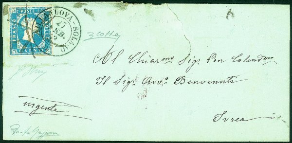 Antichi Stati Italiani - Sardegna - 1851 Lettera con c.20 azzurro (2)