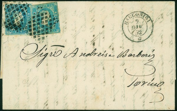 Antichi Stati Italiani - Sardegna - 1851 Lettera con due esemplari c.20 azzurro (2)