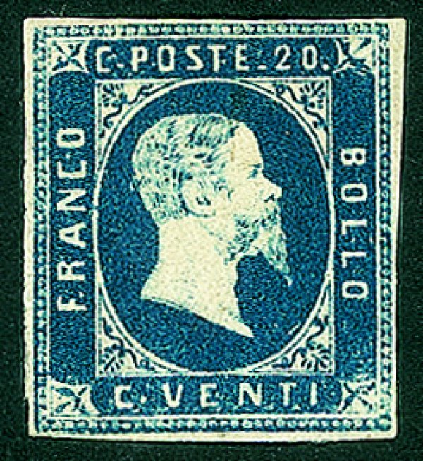 Antichi Stati Italiani - Sardegna - 1851 c.20 azzurro scuro, prima tiratura (2a)