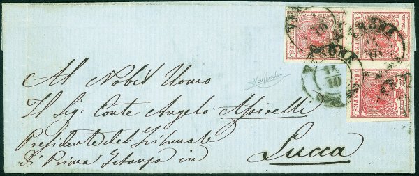 Antichi Stati Italiani - Lombardo Veneto - Blocco di tre a 'Seggiola' del 15 cent III tipo (6) su lettera da Verona a Lucca del 14.10.54