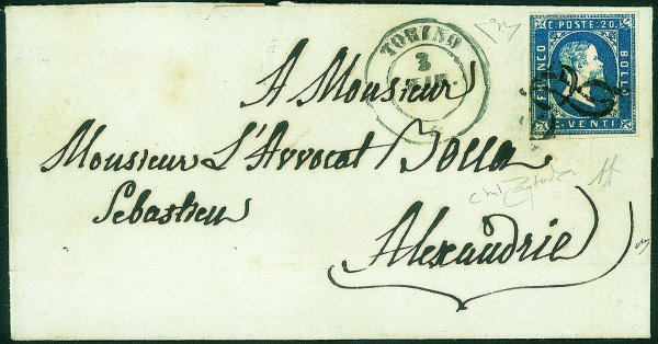Antichi Stati Italiani - Sardegna - Nodo di Savoia annullatore di 20 cent azzurro (2a) su lettera da Torino a Alessandria del 3.3.51