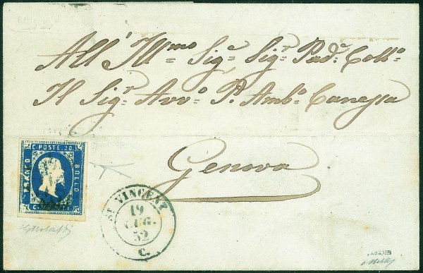 Antichi Stati Italiani - Sardegna - St. Vincent 19.7.52 (timbro sperimentale muto a forma ovoidale - P.ti R3) su 20 cent azzurro scuro (2b) con evidente rottura del clichè a sinistra - lettera per Genova